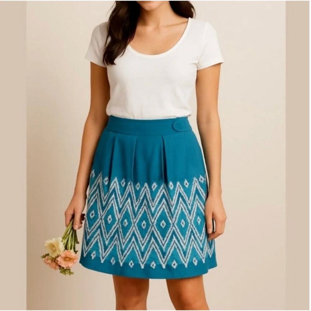 FLOREAT‎ Blue Pleated Diamond Print Embroidered Winston Skirt Sz 4 Boho Caostal